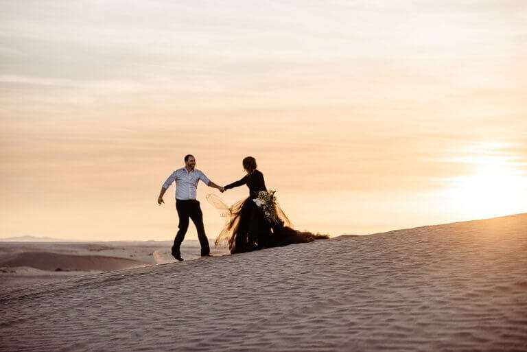 Christmas Valley Sand Dunes, Adventure Elopement Photography, Oregon, Pacific Northwest, Desert elopement, black wedding dress