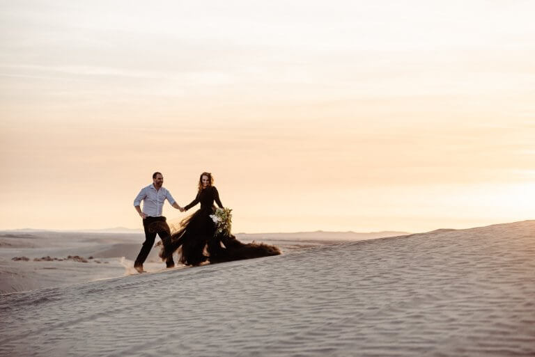 Christmas Valley Sand Dunes, Adventure Elopement Photography, Oregon, Pacific Northwest, Desert elopement, black wedding dress