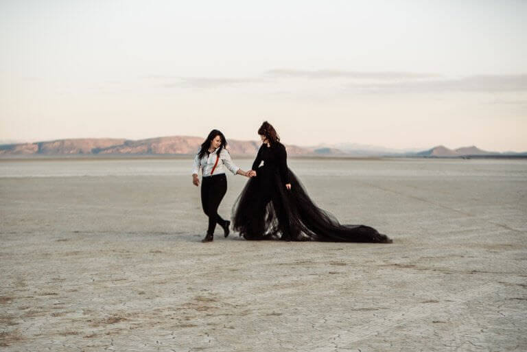 Burning Man Elopement, Alvord Desert, Adventure elopement photographer, black wedding dress, oregon, pacific northwest, desert wedding